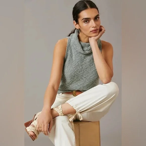 Anthropologie Pilcro NWT Turtleneck Tank Sweater in Moss Chunky Cotton Blend L - Picture 1 of 14